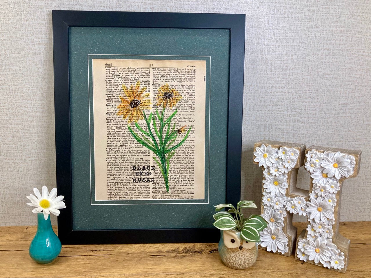Vintage Floral: Black Eyed Susan, Vintage Dictionary Paper, Original Painting