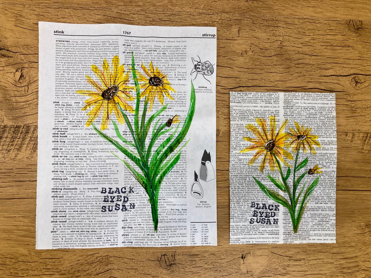 Vintage Floral: Black Eyed Susan, Vintage Dictionary Paper, Original Painting