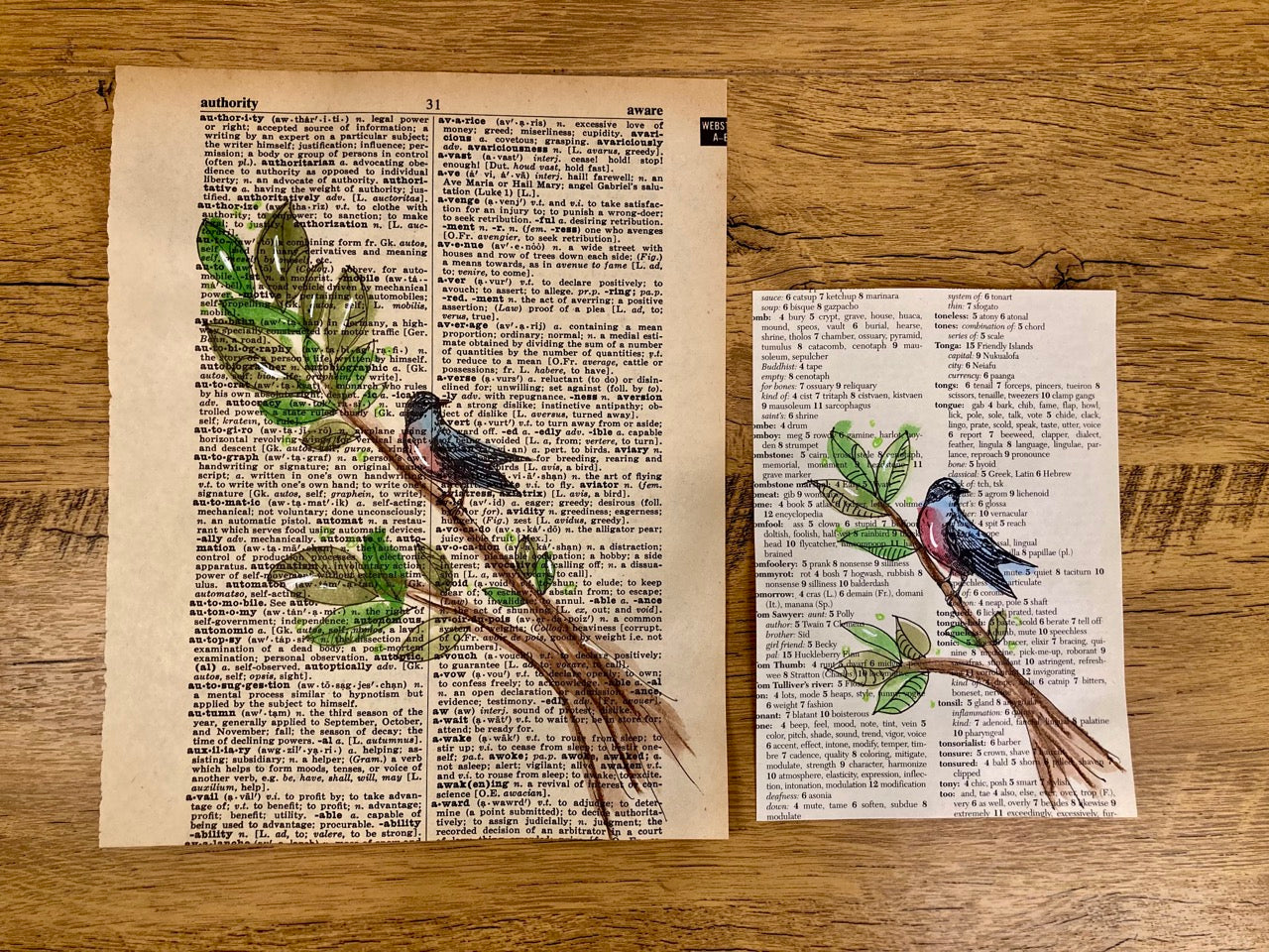 Bird on a Branch, Vintage Dictionary Paper, Original Painting