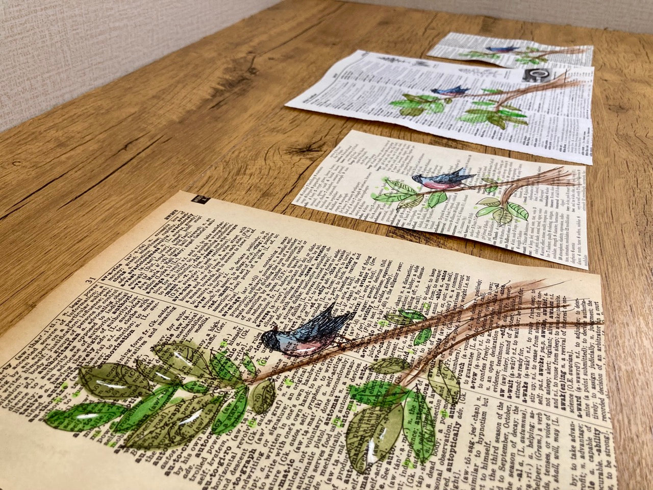 Bird on a Branch, Vintage Dictionary Paper, Original Painting