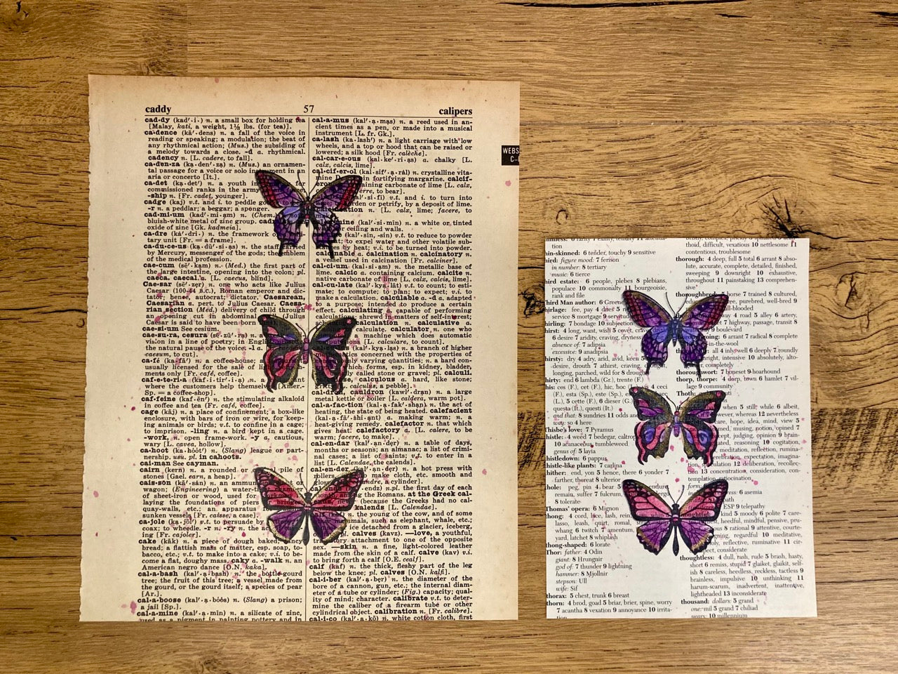 Triple Purple Butterflies, Vintage Dictionary Paper, Original Painting