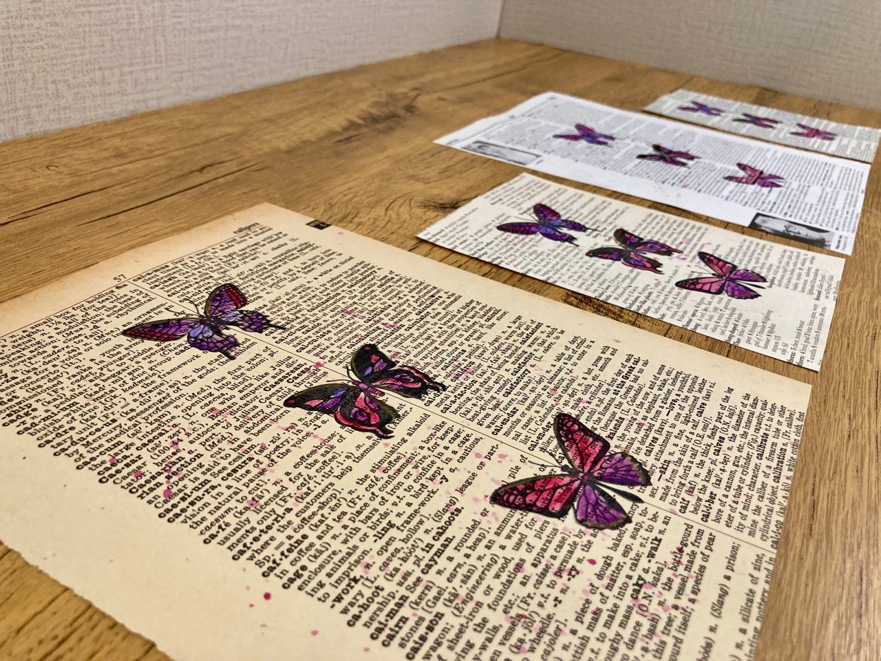 Triple Purple Butterflies, Vintage Dictionary Paper, Original Painting