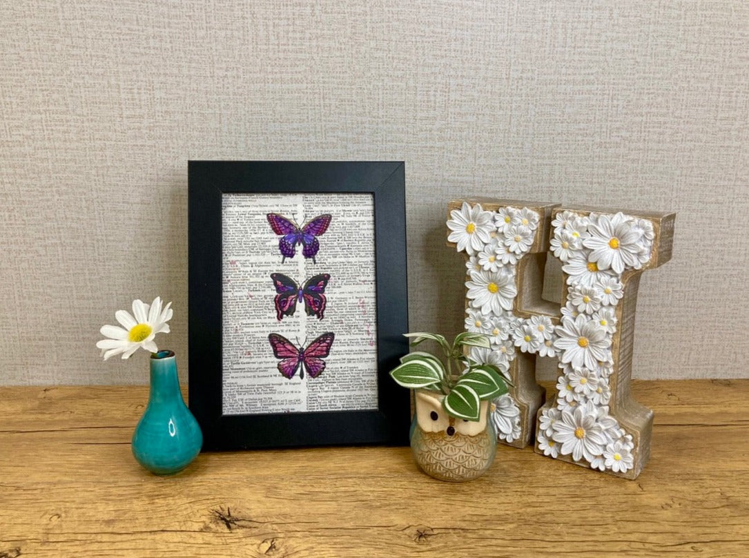 Triple Purple Butterflies, Vintage Dictionary Paper, Original Painting