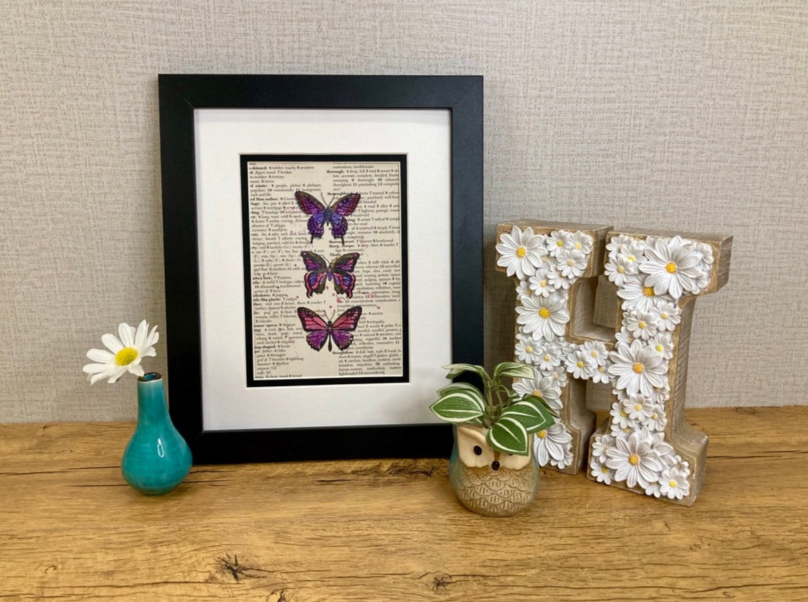 Triple Purple Butterflies, Vintage Dictionary Paper, Original Painting