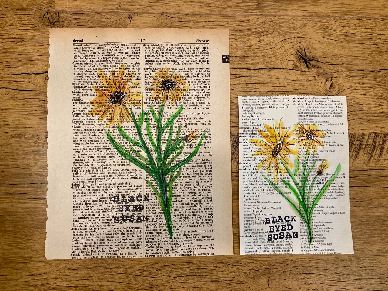 Vintage Floral: Black Eyed Susan, Vintage Dictionary Paper, Original Painting