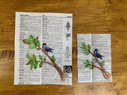 Bird on a Branch, Vintage Dictionary Paper, Original Painting