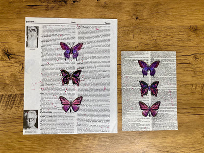 Triple Purple Butterflies, Vintage Dictionary Paper, Original Painting